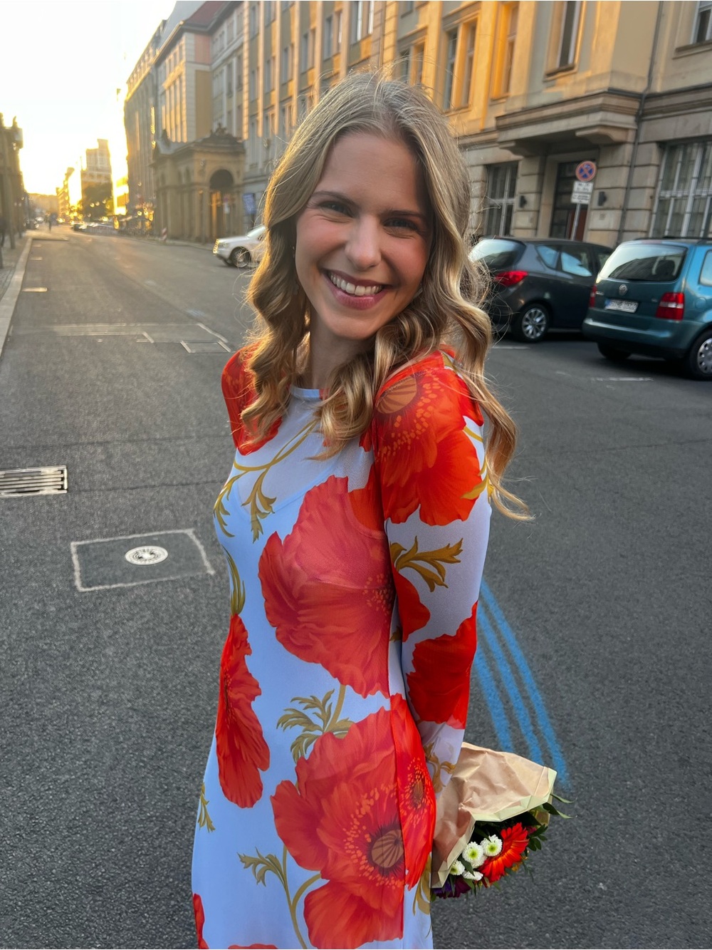Never Fully Dressed Long Sleeve Dress in Light Blue with Orange Poppy Print - Picture 5 of 5
